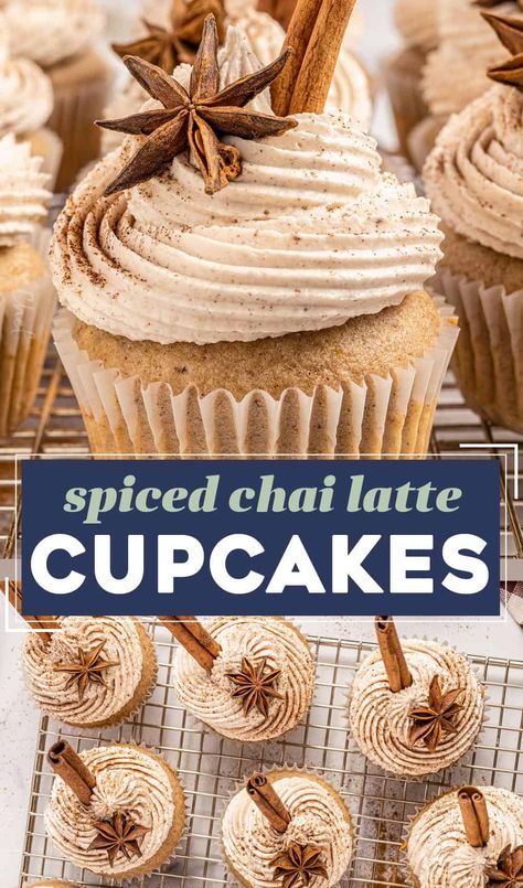 Spiced Chai Latte Cupcakes - The Chunky Chef Pumpkin Latte Cupcakes, Chai Latte Cupcakes, Desserts Spring, Chai Cupcakes, Chai Recipes, Pinata Cupcakes, Cupcakes Lemon, Chai Latte Recipe, Cakes Simple