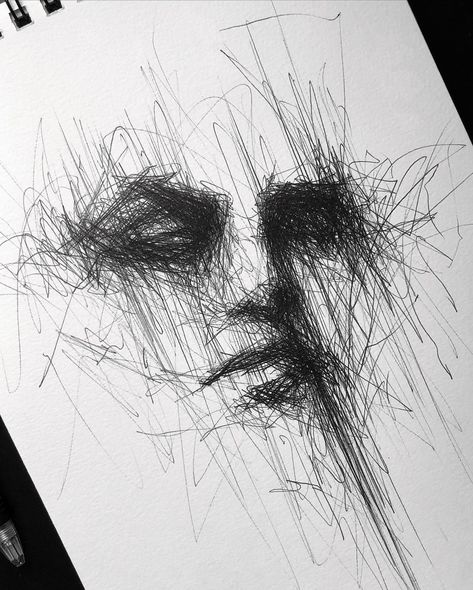 Skrible Sketch, Pen Art Scribble, Dark Ink Illustration, Scribble Art Tattoo, Dark Pen Drawings, Messy Art Sketch, Messy Face Sketch, Scribble Pen Art, Pen Scribble Art Easy