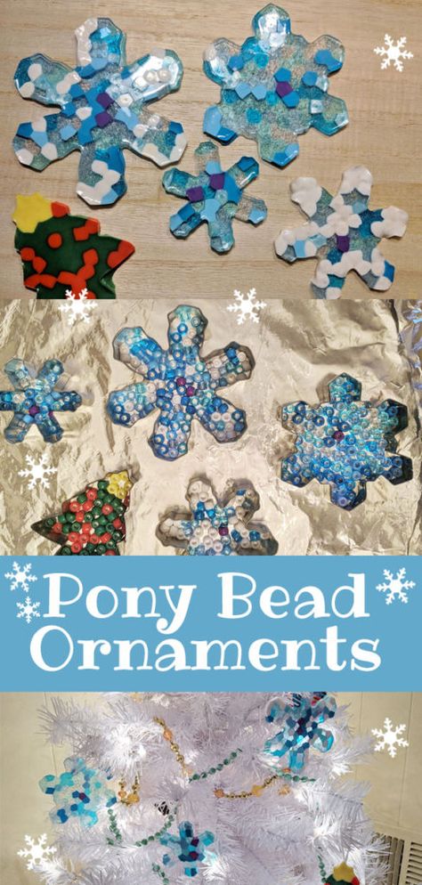 Beaded Snowflake Craft, Pony Bead Melted Ornaments, Crafts Using Pony Beads, Pony Bead Crafts Christmas, How To Melt Pony Beads In Oven, Pony Beads Ornaments, Melted Pony Bead Ornaments, Pony Beads Christmas Crafts, Melted Pony Bead Crafts