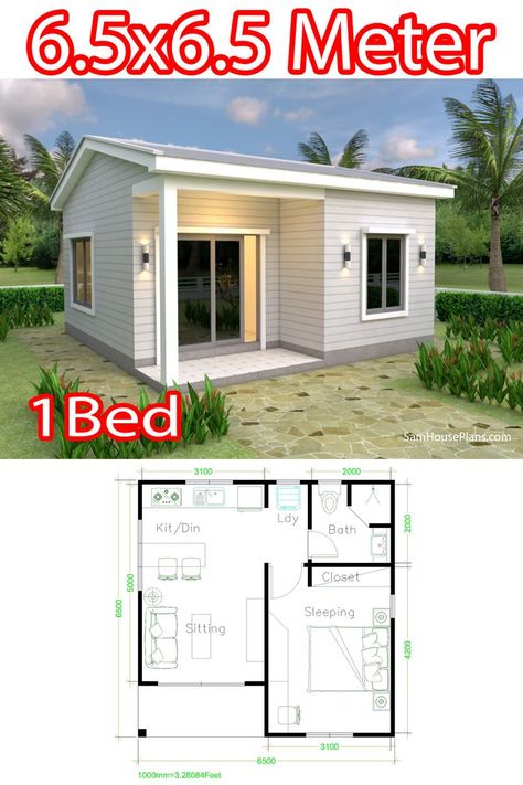 Small House Plans 21x21 Feet 6.5x6.5m One Bedroom | Small house layout, Small house plans, Small house blueprints