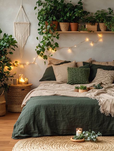 Transform your space with a cozy home bedroom refresh! This serene setup features lush plants, warm fairy lights, and earthy linen bedding. Create a relaxing oasis at home. 🌿 #decor #homerefresh #bedroominspo Bedding Ideas Earthy, Cozy Woodsy Bedroom, Calming Apartment Aesthetic, Neutral Retro Bedroom, Boho Vibe Room, Green And Orange Bedroom Decor, Dark Earthy Bedding, Room Decor Bedroom Earthy, Throw On Blanket On Bed