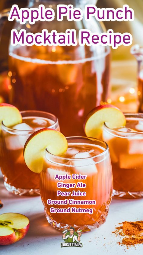 "Discover the perfect blend of flavors with this Apple Pie Punch Mocktail recipe! Ideal for fall gatherings, this non-alcoholic cocktail combines the warm spices of apple pie with refreshing ingredients. Perfect for autumn beverage ideas, this festive punch recipe is a must-try for your next celebration. Enjoy easy mocktail recipes that everyone will love, making it a standout among fall drink recipes. Cheers to delicious sips this season!" Apple Pie Drink Alcohol, Thanksgiving Drinks Non Alcoholic, Apple Pie Punch, Fall Party Drinks, Fall Drinks Alcohol, Punch Mocktail, Apple Pie Drink, Fall Punch Recipes, Festive Punch