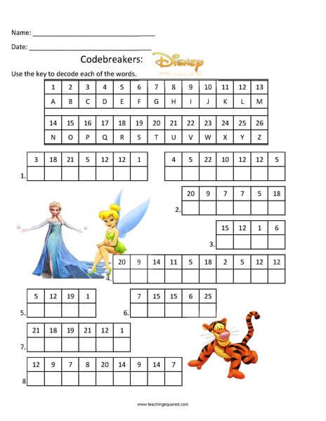 Codebreakers: Disney top fun activity Disney Codebreakers, Disney Themed Worksheets, Disney Printables Free Activities, Disney Math Worksheets, Disney Puzzles Printables, Disney Crossword Puzzles Printable, Disney Worksheets Printables, Disney Activity Sheets Free Printables, Disney Worksheets For Kids