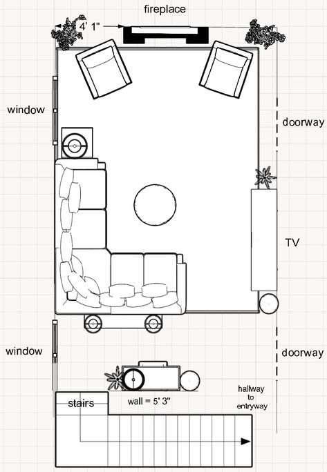 2D Furniture Arrangement Plan For Living Room With Staircase, Hallway, 2 Doorways, Fireplace and Windows - Setting For Four Interiors Online Interior Design and Paint Color Consult Services Apartment Interior Design Living Room, Study Room Design Ideas, Livibg Room, Decorations Drawing, 2023 Home Interior, Japandi Apartment, Living Room Elevation, Staircase Layout, Large Living Room Layout