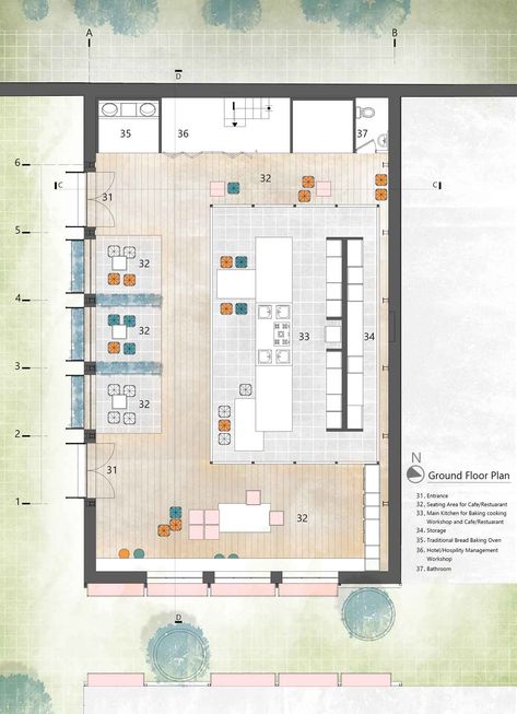 Social Kitchen Design, Community Kitchen Plan, Communal Kitchen Design, Community Kitchen Design, Workshop Plan Architecture, Community Kitchen Architecture, Workshop Floor Plan, Cooking School Interior, Workshop Space Design