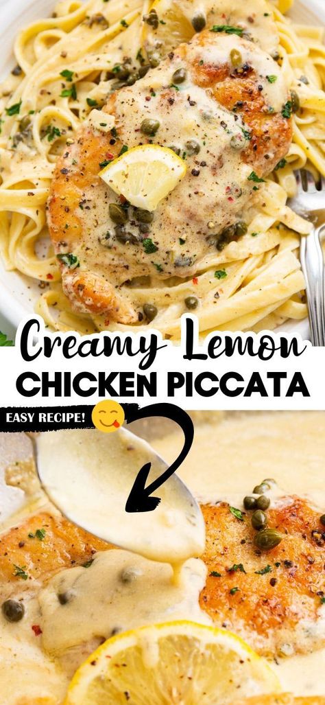 Creamy lemon chicken piccata is a delicious 30-minute meal with lightly breaded chicken breasts smothered in a garlic and caper cream sauce. This quick and easy chicken goes great over a bed of pasta, egg noodles, or rice for a simple but flavorful weeknight dinner. Creamy Lemon Chicken Piccata, Easy Chicken Piccata Recipe, Easy Chicken Piccata, Piccata Sauce, Lemon Chicken Piccata, Piccata Recipe, Chicken Piccata Recipe, Creamy Lemon Chicken, Chicken Breast Recipes Baked