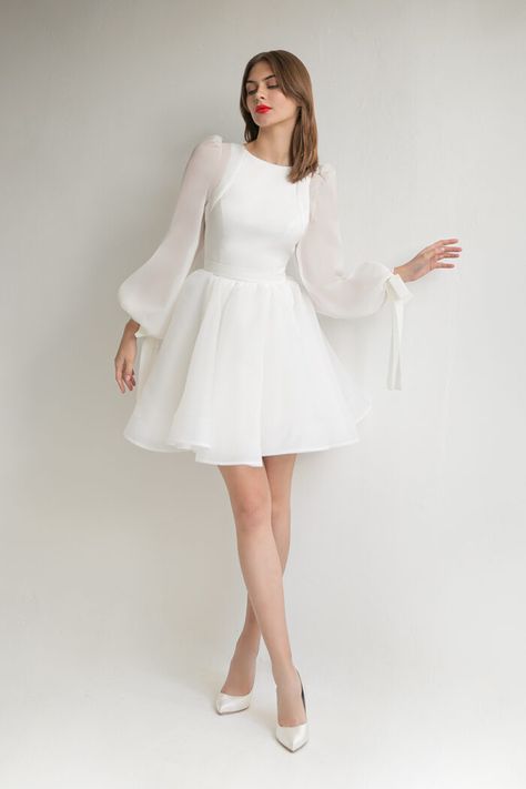 FILICI mini + ERIKA blouse / Dresses / Svadba Short Aline White Dress, Long Sleeves White Dress, Transparent Sleeves Dress, Wedding Dress Separates Two Pieces, Minimalist Organza Wedding Dress, Short Wedding Gowns With Sleeves, Short Dress For Reception, Mini Wedding Dresses Long Sleeve, Organza A Line Dress