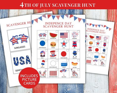 4th of July Scavenger Hunt Game | Independence Day Activity for kids and families | Patriotic Game | Indoor or Outdoor Scavenger Hunt | PDF by PrintsToUplift on Etsy 4th Of July Scavenger Hunt, Outdoor Scavenger Hunt, Independence Day Activities, Scavenger Hunt Games, Activity For Kids, Picture Cards, Scavenger Hunt, Something Blue, Fourth Of July