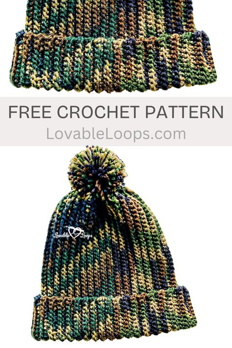 free & easy Ribbed Hat Crochet for Men Pattern camo mens hat crochet pattern mens beanie for guys with ribbed brim and pom pom Men’s Winter Hats Crochet, Crochet Mens Hat And Scarf Pattern Free, Mens Crocheted Hat Patterns Free, Free Boys Crochet Hat Pattern, Crochet Hat With Brim For Men, Crochet Man Beanie Pattern Free, Crochet Hunting Hat Free Pattern, Easy Mens Beanie Crochet Pattern Free, Male Beanie Crochet Pattern