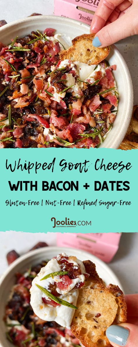 Dates Appetizer, Whipped Goat Cheese Dip, Goat Cheese Spread, Bacon Dates, Goat Cheese Dip, House Cookies, Creamy Goat Cheese, Whipped Goat Cheese, Bacon Dip