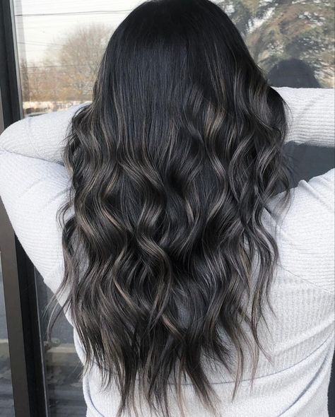 Love this soft cool balayage. Looking for gray/white/cool blonde highlights. Dark Hair With Smokey Highlights, Black Hair With Silver Lowlights, Long Dark Hair With Ashy Highlights, Dark Hair With White Blonde Highlights, Subtle Dark Hair Highlights, Ash On Black Hair, Ash Highlights Dark Hair, Dark Brown Hair Balayage Cool Tones, Black Hair With Ashy Blonde Highlights