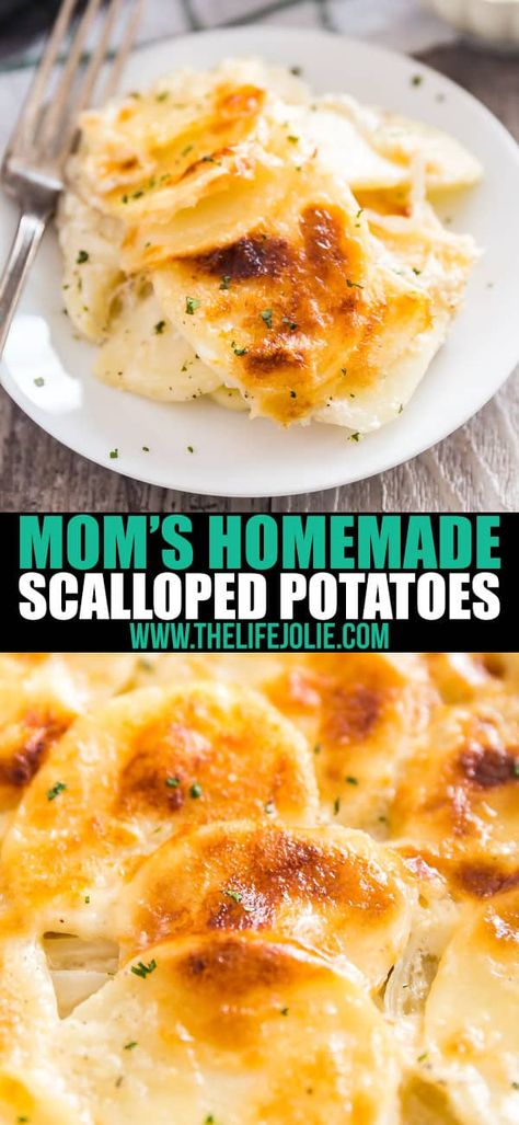 Mom's Homemade Scalloped Potatoes are the perfect creamy side dish for a family dinner. With thinly sliced potatoes and onions, salt, pepper and milk with the option to add Romano cheese, these will bring everyone back for seconds! Homemade Scalloped Potatoes, Easy Scalloped Potatoes Recipe, Creamy Scalloped Potatoes, Scalloped Potatoes Easy, Scalloped Potatoes Recipe, Potatoes And Onions, Spiral Ham, Jelly Cookies, Scalloped Potatoes Cheesy