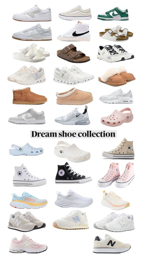 My dream shoe collection collage with nikes, uggs, hokas, on clouds, vans, converses, new balances, crocs, and birkenstocks Cute Trendy Shoes For Teens, Nike Shoes Must Have, Teen Girl Shoes 2024, Shoes To Ask For For Christmas, Rating My Moms Shoes, Shoes For Girls Aesthetic, Shoes That Go With Anything, Must Need Shoes, Shoes You Should Get