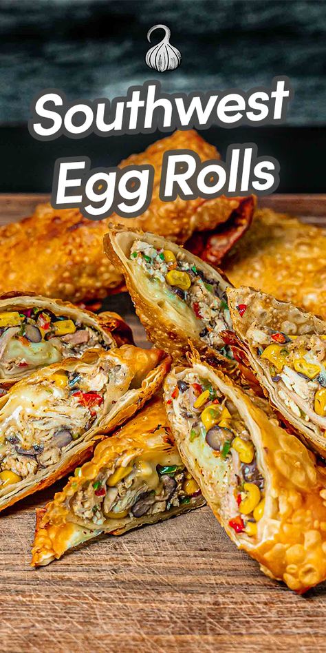 These Southwest Egg Rolls are a burst of flavor! Packed with vibrant ingredients, these crispy delights feature a savory medley of chicken, black beans, corn, and spices, all wrapped up, in a golden egg roll shell. South Western Egg Rolls Recipe, Appetizer Egg Rolls, Air Fryer Southwest Eggrolls, Asian Egg Rolls, Tex Mex Egg Rolls, Egg Roll Appetizers, Egg Roll Wrapper Recipes, Southwest Eggrolls, Southwestern Egg Rolls