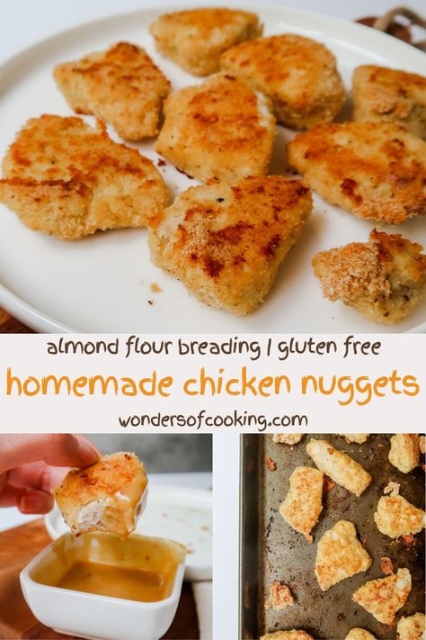 Making Homemade Chicken Nuggets is easier than you think.

Chopped chicken breasts are breaded in an almond flour and herb mixture, then baked in the oven on both sides until golden brown. That’s right – not only is this recipe naturally gluten-free and healthier-for-you, but you don’t even have to stand by a fryer because the oven does all the work.

I served these with my Copycat Chick-Fil-A Sauce recipe. It’s a seriously perfect match. Gluten Free Breading For Chicken, Almond Flour Chicken Nuggets, Gf Chicken Nuggets, Gluten Free Chicken Nuggets, Healthy Chicken Nuggets, Almond Flour Bread, Baked Chicken Nuggets, Chick Fil A Sauce, Homemade Chicken Nuggets