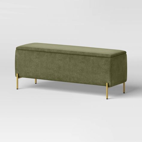 Furnish your space with this Ivy Upholstered Storage Bench from Threshold™. This rectangular bench features a padded seat for sitting comfort that can be lifted to give you full storage space. Upholstered in solid color fabric, it coordinates with a wide range of decor, while the wooden frame and legs offer cool contrast. Place this bench in your living room, hallway or as a finishing touch at the end of the bed for versatility. Threshold™: Quality & Design / Casual classics for house and home. Upholstered End Of Bed Bench, Green Storage Ottoman, End Of Bed Bench With Storage, Bench At Foot Of Bed, Storage Ottoman Bedroom, Bench For End Of Bed, End Of Bed Storage Bench, End Of Bed Storage, Dc Living