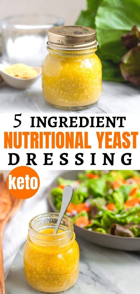 Do you make your own homemade salad dressing? This 5 ingredient nutritional yeast salad dressing is a family fave. It's an easy salad dressing recipe your whole family will love! #vegandressing #homemadedressing #lowcarbdressing #ketodressing #whole30 #AIP #THMdressing #paleo Nutritional Yeast Recipes Aip, Salad Dressing Nutritional Yeast, Nutritional Yeast Vinaigrette, Vegan Keto Salad Dressing, Nutritional Yeast Salad Dressing Recipes, Aip Salad Dressing Recipes, Nutritional Yeast Dressing Recipes, Salad Dressing With Nutritional Yeast, Nutritional Yeast Recipes Healthy