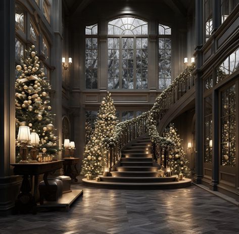 Christmas Mansion Interior, Christmas Mansion Exterior, Christmas Chateau, Mansion Christmas Decor, Luxury Christmas Aesthetic, Winter Mansion, Christmas Mansion, Mansion Christmas, Outdoor Christmas Decoration Ideas