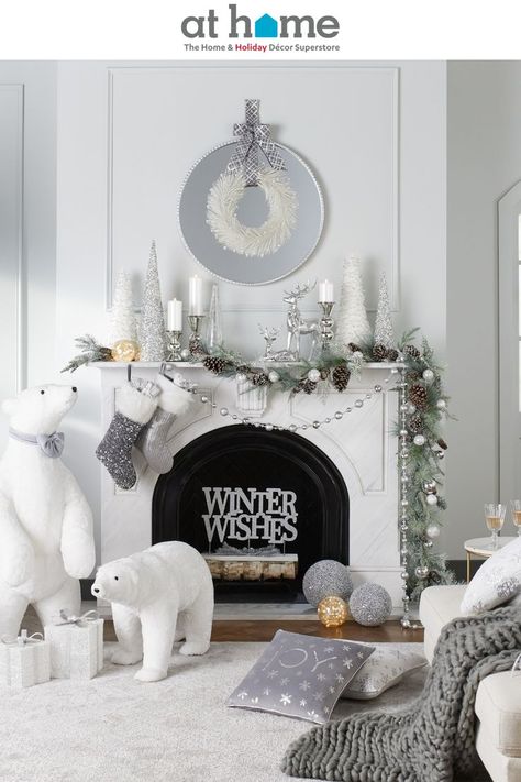 Gray And White Christmas Decor, Grey And White Christmas Decor, White And Silver Christmas Living Room, White And Grey Christmas Decor, Silver Christmas Mantle Decor, White Animal Christmas Tree, White Snow Tree Decor, White Christmas Tree With Polar Bears, Grey Christmas Decor