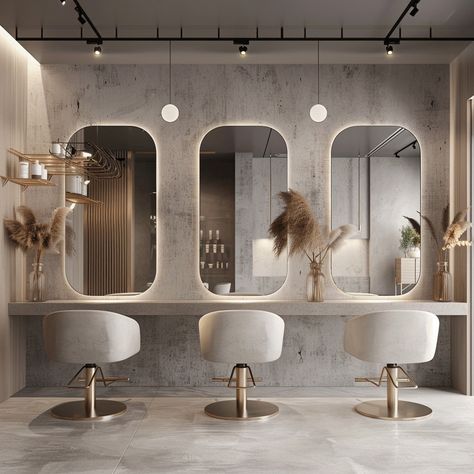 NEO BEAUTY SALON, BUCHAREST :: Behance House Salon Interior Design, Hair And Makeup Station Studio, Modern Salon Ideas Interior Design, Concrete Salon Design, Cosmetic Studio Interior Ideas, Minimal Salon Decor, Vintage Nail Salon Decor, Modern Salon Aesthetic, Loft Salon Ideas