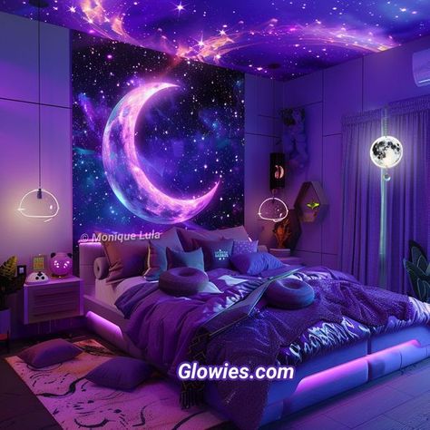 Purple Galaxy Bedroom, Camas Aesthetic, Green Bedroom Aesthetic, Bedroom Lake House, Galaxy Bedroom, Dark Blue Bedroom, Fantasy Galaxy, Classy Bedroom Decor, Bedroom Decor Modern