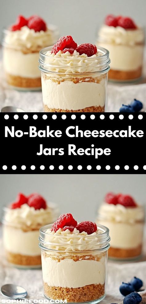 Searching for the perfect dessert idea? This No-Bake Cheesecake Jars Recipe delivers a creamy, dreamy flavor experience that’s not only delicious but also easy to assemble, ensuring smiles all around. Cheesecake Mix No Bake, Mini Cheesecake Recipes No Bake Mason Jars, Easy Cheesecake Filling No Bake, Dessert Night Ideas, Cheesecake Jars No Bake, Fast Cheesecake Recipes, No Bake Mason Jar Desserts Recipes, Simple Cheesecake Recipe No Bake, Quick Dessert For One