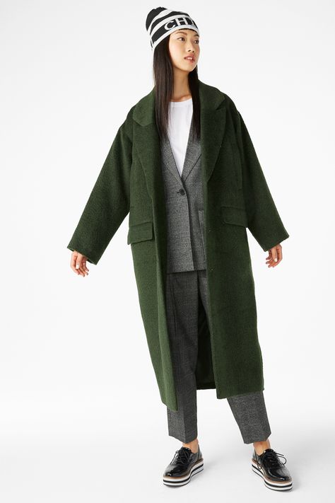 Green Wool Coat, Long Sleeve Layering, Cocoon Coat, Long Trench Coat, Long Sleeves Coats, Twin Set, Quilted Coat, Wool Blend Coat, Green Wool