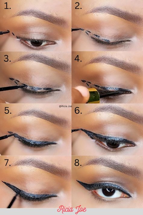 Easy eyeliner tutorial for beginners. Easy Black Eyeliner Looks, Cat Eye Step By Step, How To Draw With Eyeliner, Wing Eyeliner Tutorial For Beginners, How To Draw Perfect Eyeliner, How To Draw Eyeliner Step By Step, How To Do Eyeliner Step By Step, Eyeliner Steps, How To Do Basic Eyeliner For Beginners