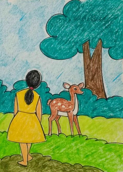 Giraffe Photography, Cartoon Drawing For Kids, Scenery Drawing For Kids, Easy Scenery Drawing, Oil Pastel Drawings Easy, Easy Art For Kids, Drawing Competition, Oil Pastel Paintings, Beautiful Art Paintings