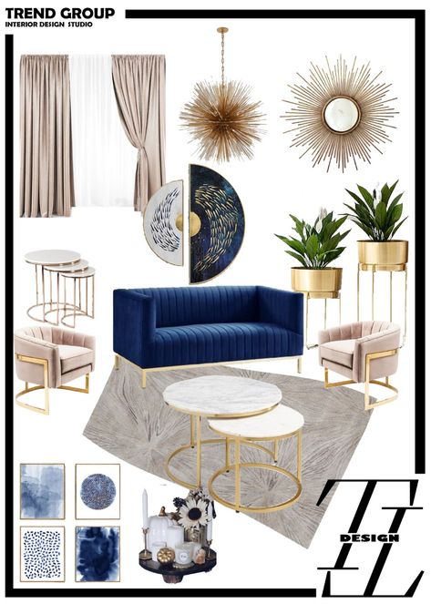 Glam Mood Board Interior Design, Office Decor Blue And Gold, Blue Couch Office Ideas, Gray Navy Gold Living Room, Blue Sofa Luxury Living Room, Blue Living Room Gold Accents, Blue And Gold Modern Living Room, Blue And Gold Lounge Ideas, Glam Living Room Rug