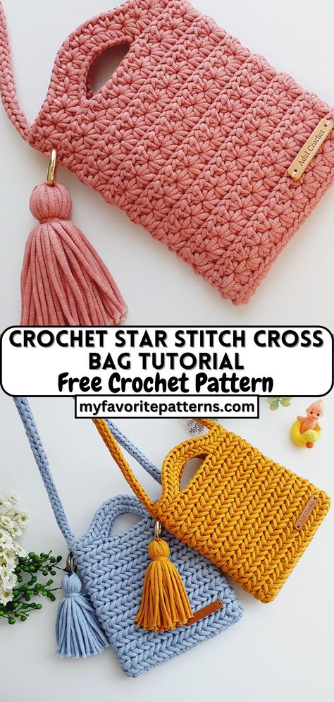 Crochet Star Stitch Cross Bag Tutorial Crochet Star Stitch Bag Pattern, Crochet Cross Body Purse, Crocheted Crossbody Bag Patterns, Crochet Accessories Tutorial, Crochet Strap Pattern Free, Simple Crochet Bags, Crossbody Bag Crochet Pattern Free, Crocheted Purses Free Pattern, Crochet Cinch Bag