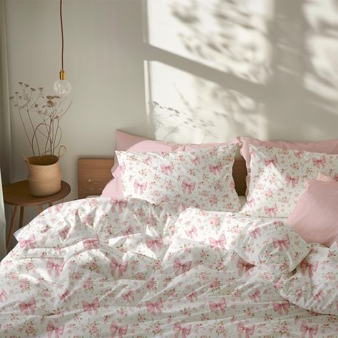 Designing a floral coquette bedroom or dorm room? Then this pink floral coquette bedding set is a perfect match for your pink floral bedding and coquette decor!  ♥ BEDDING OPTIONS This floral pink bow bedding set comes with the option to purchase just the floral coquette comforter or duvet cover in your choice of twin, twin xl, queen, or king size (depending on which option you select between comforter and duvet), as well as the option to add on the matching 2 coquette pillowcases. 1.  Comforter Pink Bedsheets Aesthetic, Cute Pink Beds, Pretty Bed Covers, Light Pink Minimalist Bedroom, Floral Bed Sheets Coquette, Bow Bedding Set, Coastal Granddaughter Pink, Coquette Comforter, Vintage Floral Bedding