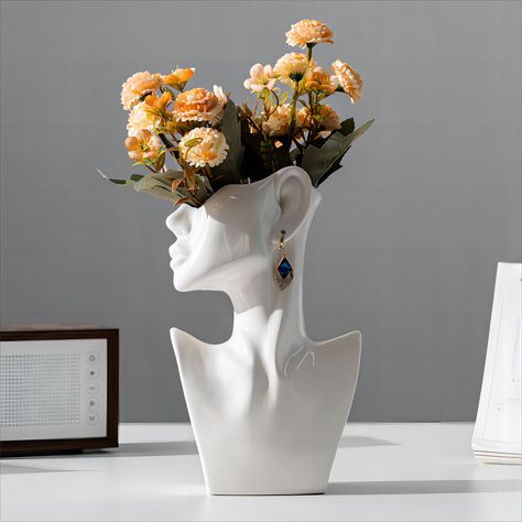 PRICES MAY VARY. 🍁Side Face With Earring Art Ceramic Vase - Feminist Decorative Vase Beautiful and unique modern ceramic vase, changing the concept of traditional vase, beautiful female face and modern vase art design, giving the vase a sense of beauty and fashion. Casually with a bouquet of flowers, exudes elegance, flowers create a romantic atmosphere, add more romance and fashion to your home. 🍁Oiled Glossy Ceramic Vase- Perfect details and extreme craftsmanship, our face vases are professi Side Face, Face Vase, Cerámica Ideas, White Ceramic Vases, Vase Shapes, Decoration Originale, Head Vase, Candle Vase, Keramik Vase