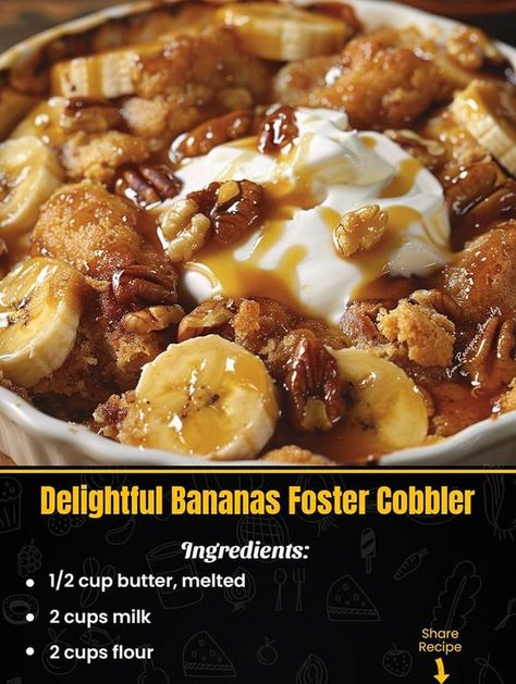 very good and easy recipes | Delightful Bananas Foster Cobbler | Facebook Banana Foster, Bananas Foster, Kitchen Cooking, Fall Desserts, Cooking Kitchen, Cookie Bars, Cobbler, 2 Cups, Bananas