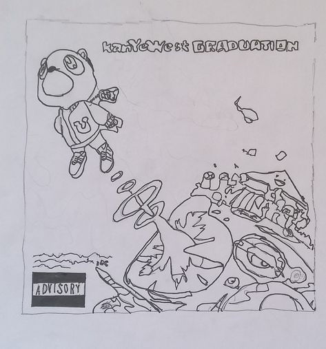 I drew the graduation album cover PS. this was drawn off computer screen, so it's not 100% hand drawn Hand Drawn Album Covers, Drawn Album Covers, Album Cover Drawings, Album Drawings, Graduation Album Cover, Graduation Drawing, Kanye West Albums, Cover Drawing, Graduation Album