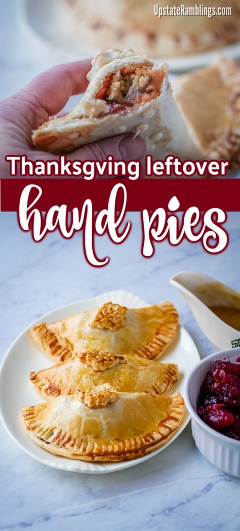 These cute Thanksgiving leftover hand pies are an easy way to use up your holiday leftovers! Combine turkey, stuffing, sweet potatoes, cranberry sauce and gravy along with whatever else you like in pie dough. These hand pies cook up in minutes in an air fryer and are a delicious portable dinner. #thanksgiving #leftovers #handpies #airfryer Turkey Hand Pies, Turkey Gravy From Drippings, Thanksgiving Food Crafts, Leftover Pie, Thanksgiving Leftover, Holiday Leftovers, Dinner Thanksgiving, Leftover Cranberry Sauce, Turkey Stuffing