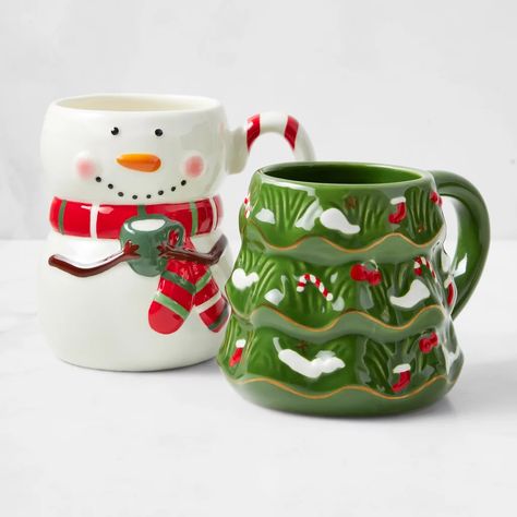 Playful Holiday Mugs: Williams Sonoma Figural Christmas Tree and Snowman Mug Set Fun Christmas Mugs, Christmas Mug Set, Christmas Tree Mugs, Christmas Tea Set, Cute Christmas Cups, Christmas Mug Ceramic, Christmas Mugs Aesthetic, Christmas Ceramic Mug, Christmas Tea Cups