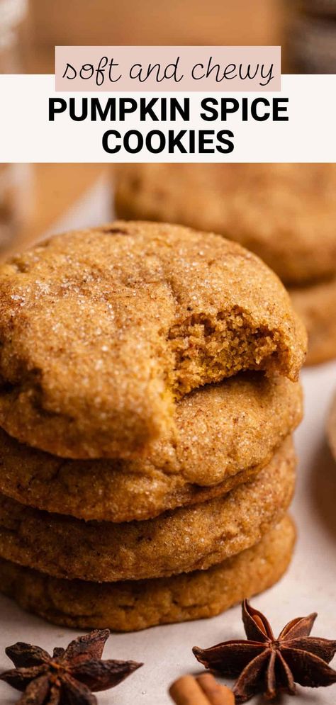 These chewy pumpkin spice cookies have crisp edges and soft centers but aren't cakey! They're made with canned pumpkin puree and the perfect amount of warm spices. You can make them in 20 minutes and don't have to chill the cookie dough! Chewy Pumpkin Spice Molasses Cookies, Pumpkin Oatmeal Cookies Gluten Free, Spicy Pumpkin Cookies, Pumpkin Spice Gingerbread Cookies, Drop Pumpkin Cookies, Healthy Pumpkin Spice Cookies, Recipes With Pumpkin Spice, Soft Chewy Pumpkin Cookies, Canned Pumpkin Cookies