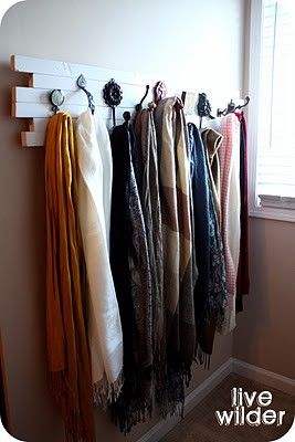 Scarf holder - I would put this in my closet. Scarf Rack Ideas, Scarf Holder Ideas, Diy Scarf Holder, Diy Scarf Hanger, Scarf Rack, Scarf Storage, Scarf Organization, Scarf Holder, Clean Garage