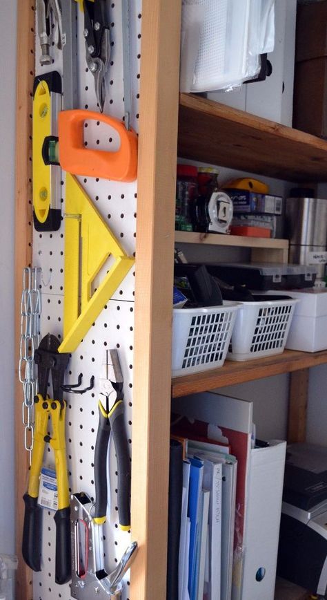 I've had this inexpensive IVAR IKEA shelving unit for years and every time I've moved into a new apartment, I've found a way to "hack" it so it would adapt to what I needed in my new space.  IKEA IVAR shelving unit In my Chicago apartment, I wanted a cork board in my home office so I used cork tiles to fill in one of the sides. I cut the tiles to fit, glued the cork tiles to cardboard and then used small nails to secure it to the side.  I liked that it the shelving unit look like a sol… Garage Storage Units, Ivar Regal, Ikea Shelving Unit, Pegboard Storage, Overhead Garage Storage, Garage Storage Shelves, Garage Storage Solutions, Ikea Ivar, Funky Junk Interiors