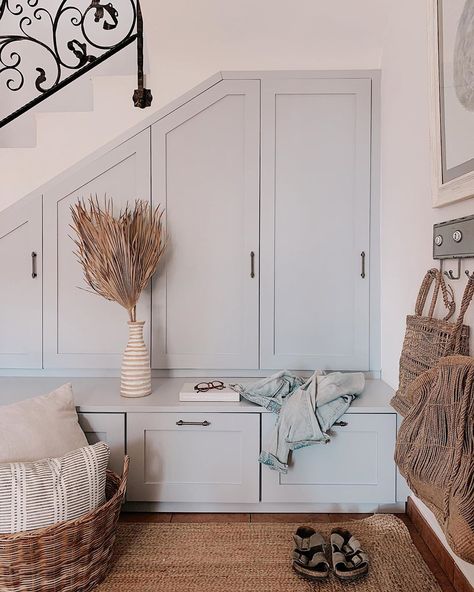 Mudroom Lockers Under Stairs, Lockers Under Stairs, Under Stairs Mudroom Entryway, Under Stairs Entryway Ideas, Mud Room Under Stairs, Under The Stairs Mudroom, Mudroom With Stairs, Mudroom Under Stairs, Under Stairs Mudroom