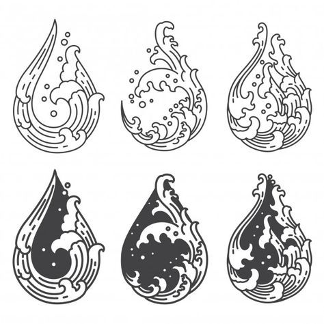 Water wave line in droplet shape set Pre... | Premium Vector #Freepik #vector #food #water #line #wave Japanese Tattoo Art Small, Wave Drawing, Kunst Tattoos, Water Tattoo, Pola Bordir, Waves Line, Vector Food, Japanese Tattoo Art, Waves Tattoo