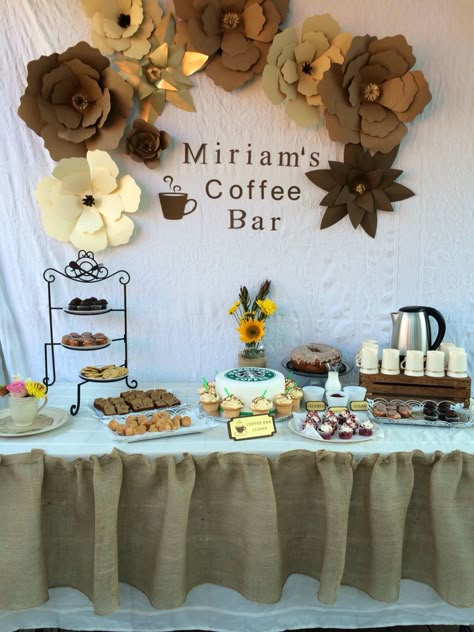 Coffee bar coffee theme party Coffee Bar Theme Party, Graduation Coffee Bar, Coffee Birthday Party Decorations, Cafe Party Decorations, Coffee And Dessert Party Ideas, Coffee Bar Ideas Party Events, Coffee Decorations Party, Coffee Theme Decor Party Ideas, Coffee Bar Birthday Party Ideas