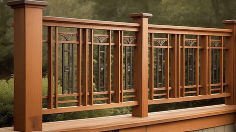 13 Deck Railing Designs Transforming Outdoor Spaces - Peak Patio Life Craftsman Style Deck Ideas, Wooden Rails For Stairs, Craftsman Deck Ideas, Craftsman Porch Railing Wood, Craftsman Style Railing, Craftsman Style Porch Railing, Wooden Porch Railing Ideas, Wood Railing Design, Porch Railing Ideas Farmhouse