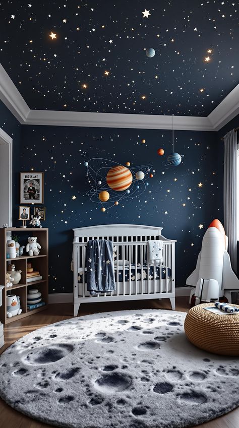 Nursery Room Ideas Nursery Night Sky Ceiling, Blue Forest Nursery, Science Theme Nursery, Galaxy Nursery Ideas, Space Themed Baby Room, Nursery Themes Space, Planetarium Nursery, Space Theme Toddler Room, Space Baby Room Theme