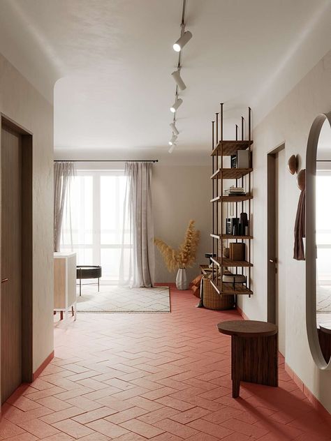 Small Apartment by Lena Budantseva Red Tile Floor, Living Room Ideas Luxury, Tile Floor Living Room, White Apartment, Red Floor, Three Bedroom House, Minsk Belarus, Living Room Flooring, Living Room Inspo