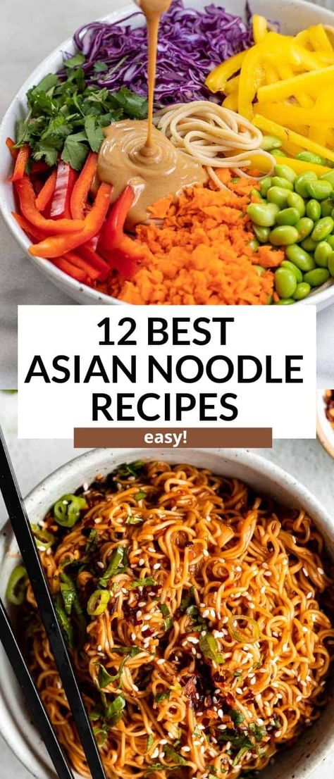 These asian noodle recipe are easy to make, healthy and vegan friendly. From peanut noodles, sesame noodles, thai noodle salad, spicy ramen noodles and more. These noodles are easy, healthy, vegetarian and packed with flavor. Noodle Dishes Asian, Cold Ramen Salad, Healthy Noodle Dishes, Noodle Bowl Recipes Ramen, Meals With Rice Noodles, Recipes With Thai Noodles, Cold Noodle Bowl, Noodle Box Recipes, Healthy Noodle Bowls