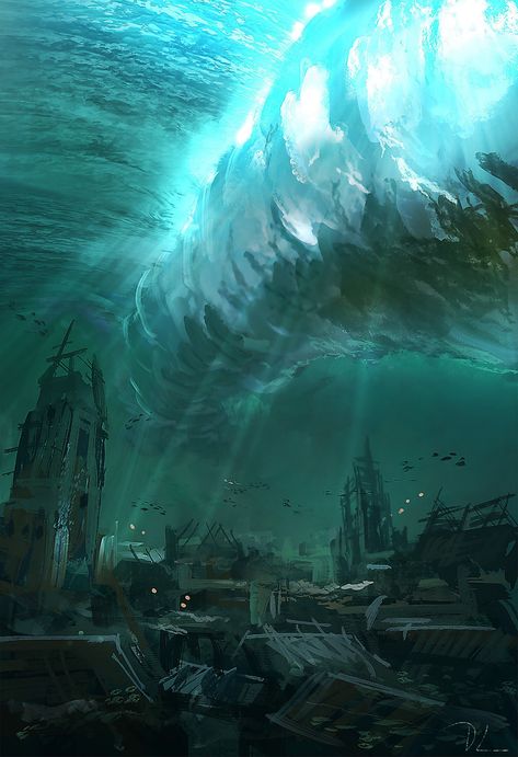 flooded town Future Apocalypse, Wholesome Cat, Amazing Scenery, Underwater City, Space Stuff, Leagues Under The Sea, City Drawing, My Fantasy World, Paintings And Drawings