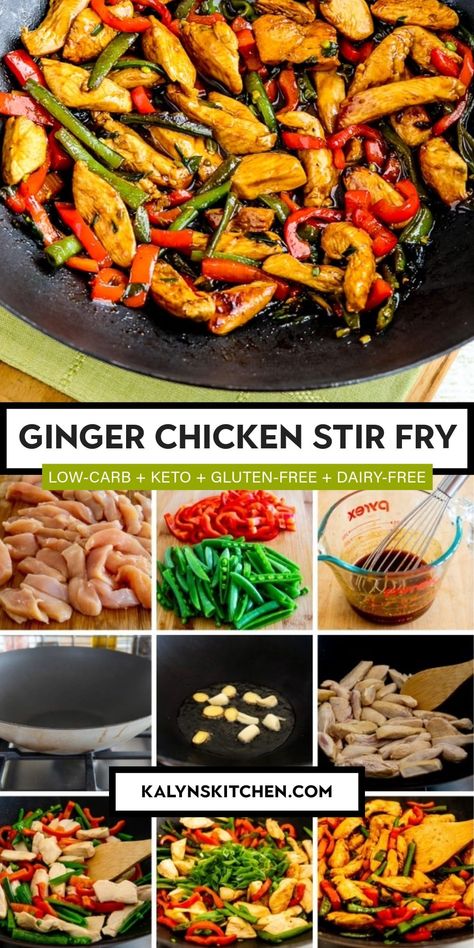 Pinterest image collage for Ginger Chicken Stir Fry showing a wok containing prepared stir fry ready to serve and several smaller photos showing steps in the preparation process. Low Carb Stir Fry Recipes, Stir Fry Keto, Low Carb Stir Fry, Chicken Cabbage Stir Fry, Ginger Chicken Stir Fry, Stir Fry Low Carb, Island Recipes, Low Carb Chicken Recipes, Ginger Chicken