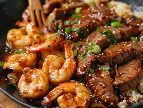 Easy Shrimp & Teriyaki Steak Fusion top recipes in 2024 25 Shrimp And Beef Recipes, Beef And Shrimp Stir Fry, Steak And Shrimp Stir Fry, Steak And Shrimp Recipes, Shrimp Teriyaki, Teriyaki Steak, Steak Shrimp, Steak And Broccoli, Teriyaki Shrimp